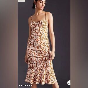 Anthropologie Hutch Women’s Floral Midi Dress Size L Rust & White Bodycon Straps